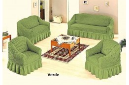 Set huse elastice 3211 - canapea 3 locuri, canapea 2 locuri si 2 fotolii cu volane, verde