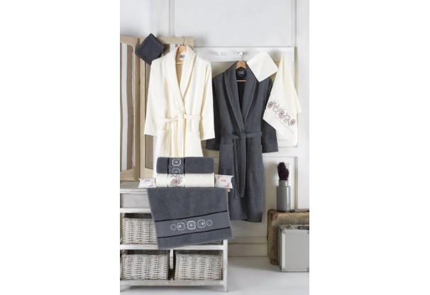 Set lux, 2 halate de baie si 8 prosoape, 2 culori, crem-gri