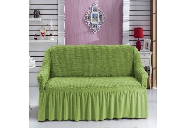 Husa elastica pentru canapea 2 locuri, verde, cu volane
